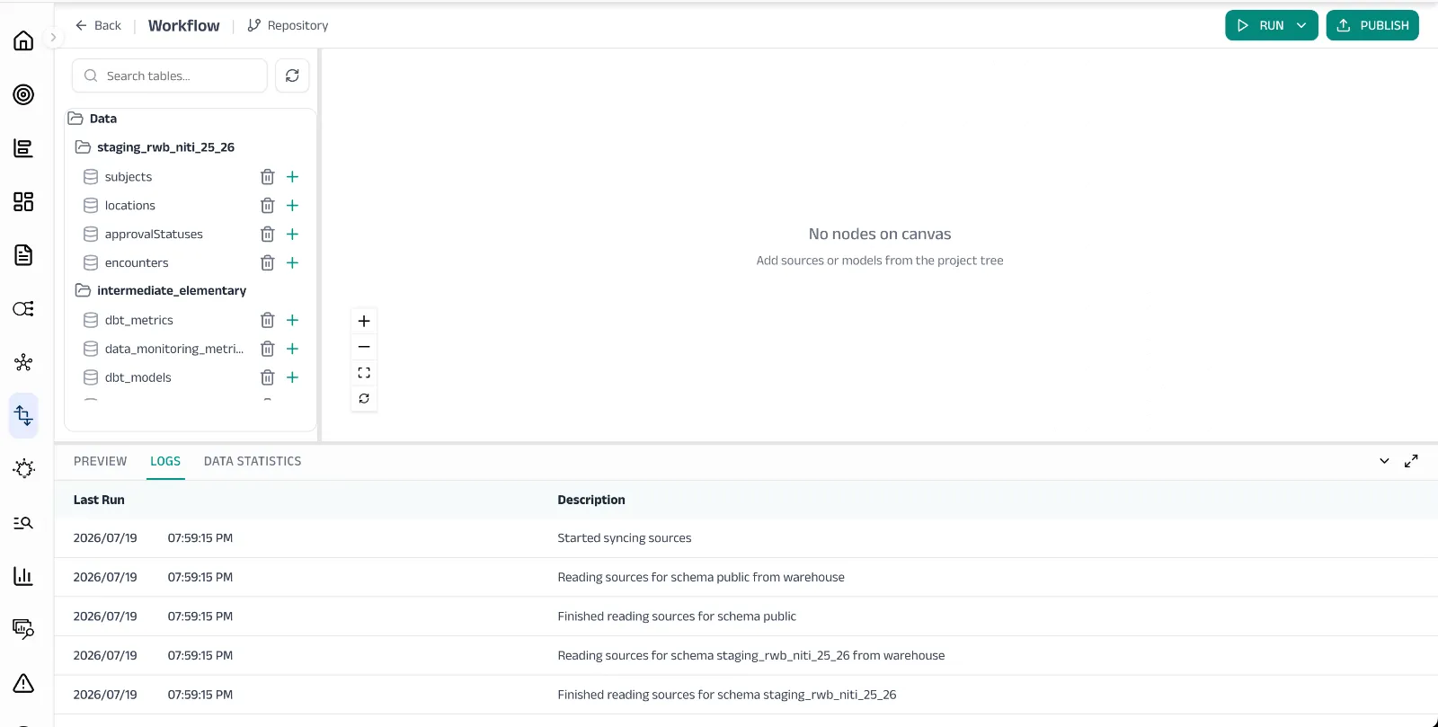 Workflow canvas with source table tree