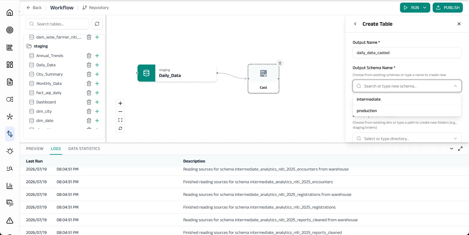 Naming the output table and choosing a schema