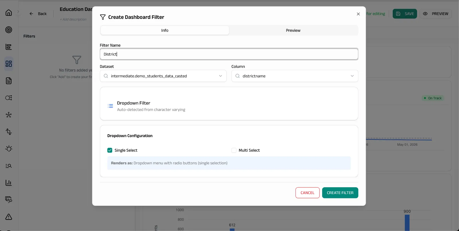 Create Dashboard Filter modal - naming a District dropdown filter